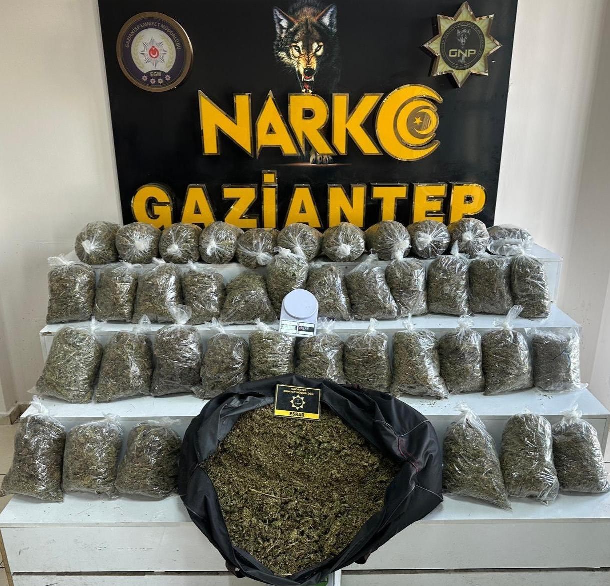 Gaziantep’te düzenlenen uyuşturucu operasyonunda ele geçirilen esrar paketlerinin önünde duran Türk polisi.