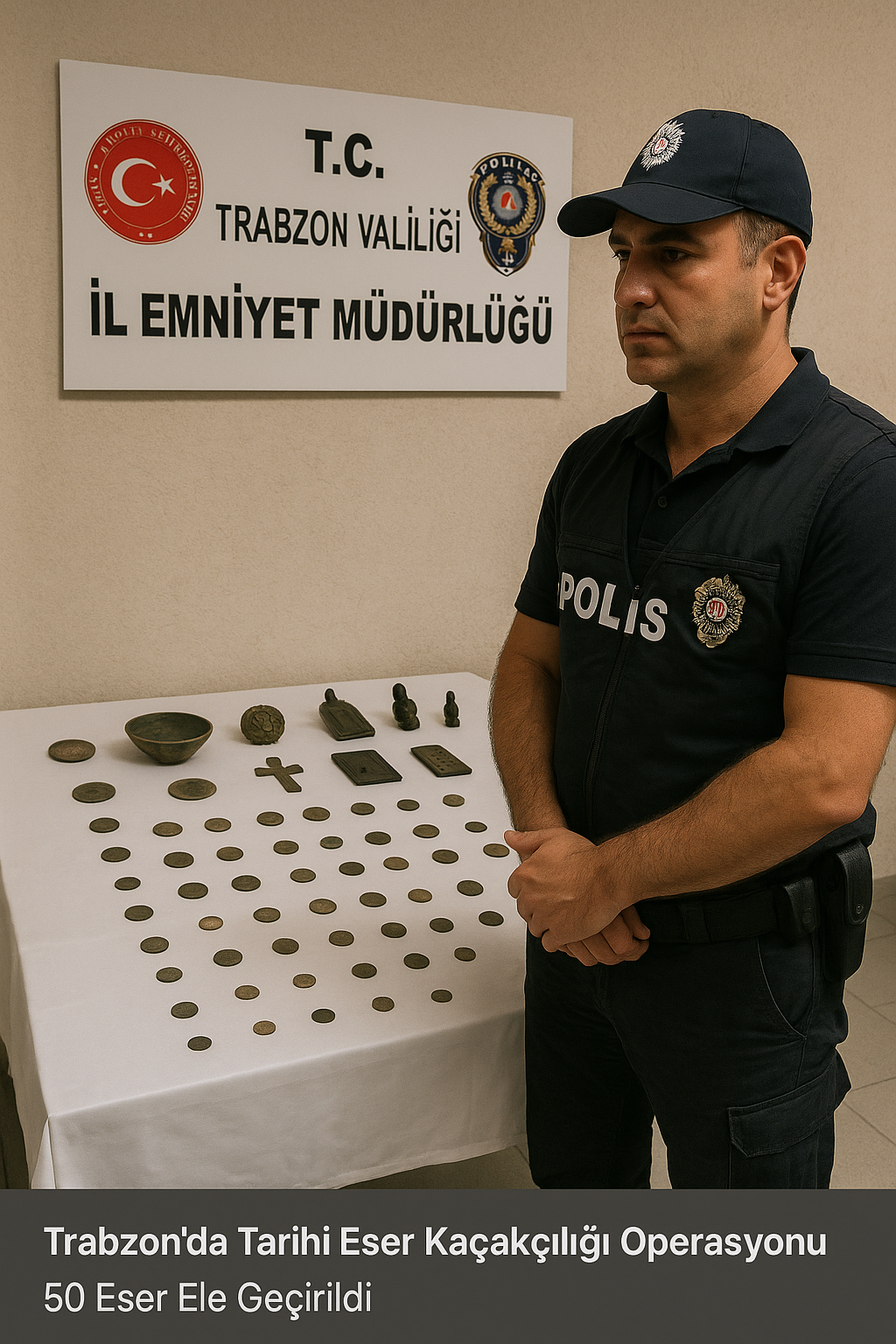 Trabzon İl Emniyet Müdürlüğü’nde, ele geçirilen tarihi eserlerin başında nöbet tutan bir polis memuru.