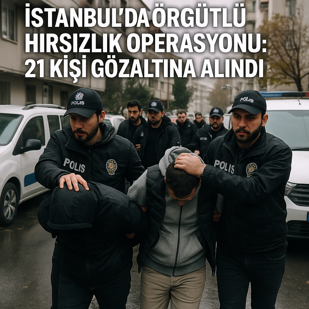 İstanbul'da, örgütlü hırsızlık operasyonuna karışan kelepçeli şüphelilerin polisler tarafından götürülmesi, arka planda konut binalarıyla birlikte.