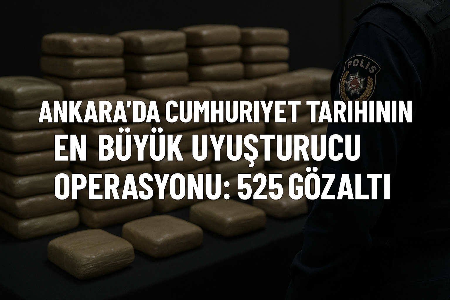 Ankara’da düzenlenen büyük uyuşturucu operasyonunda ele geçirilen paketlenmiş uyuşturucu maddeler ve polis memuru.